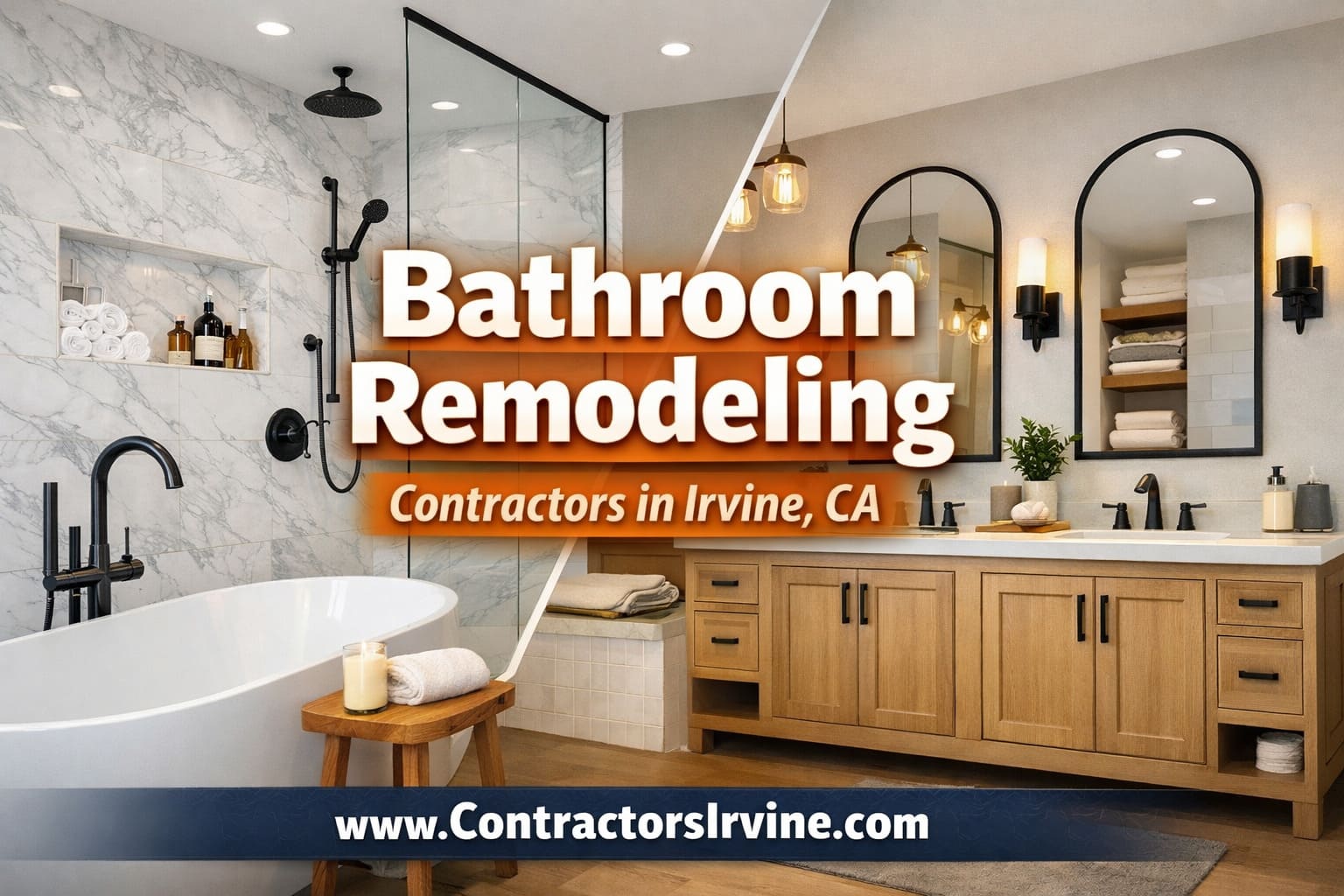 Modern bathroom remodel in Irvine home with walk-in shower and double vanity