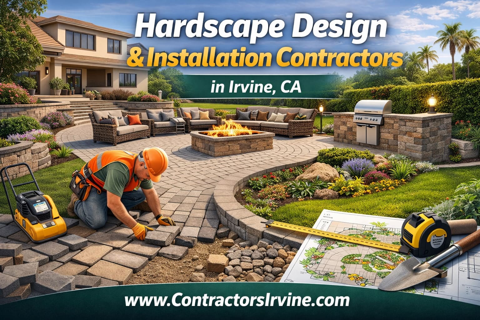 Professional hardscape installation showing outdoor kitchen and patio in Irvine backyard