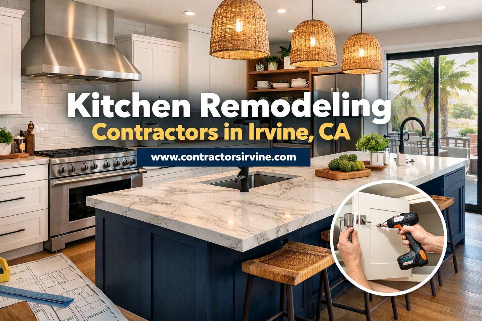 Modern kitchen remodel in Irvine home with large island and quartz countertops