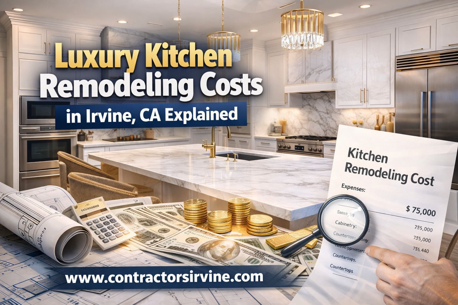 Luxury kitchen remodeling cost breakdown for Irvine homeowners showing quartz countertops and custom cabinetry