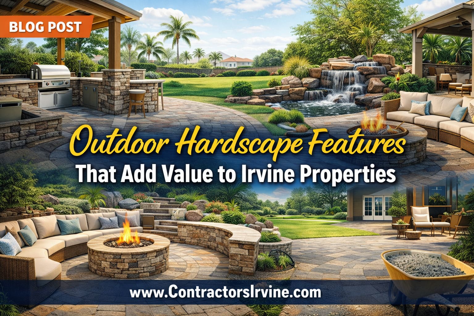 Outdoor hardscape features in Irvine backyard including stone patio, fire pit, and retaining walls